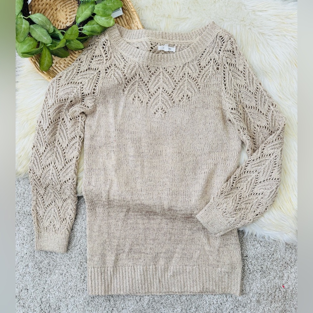 Maurices Tan Knit Crochet Gold Sweater Size XS